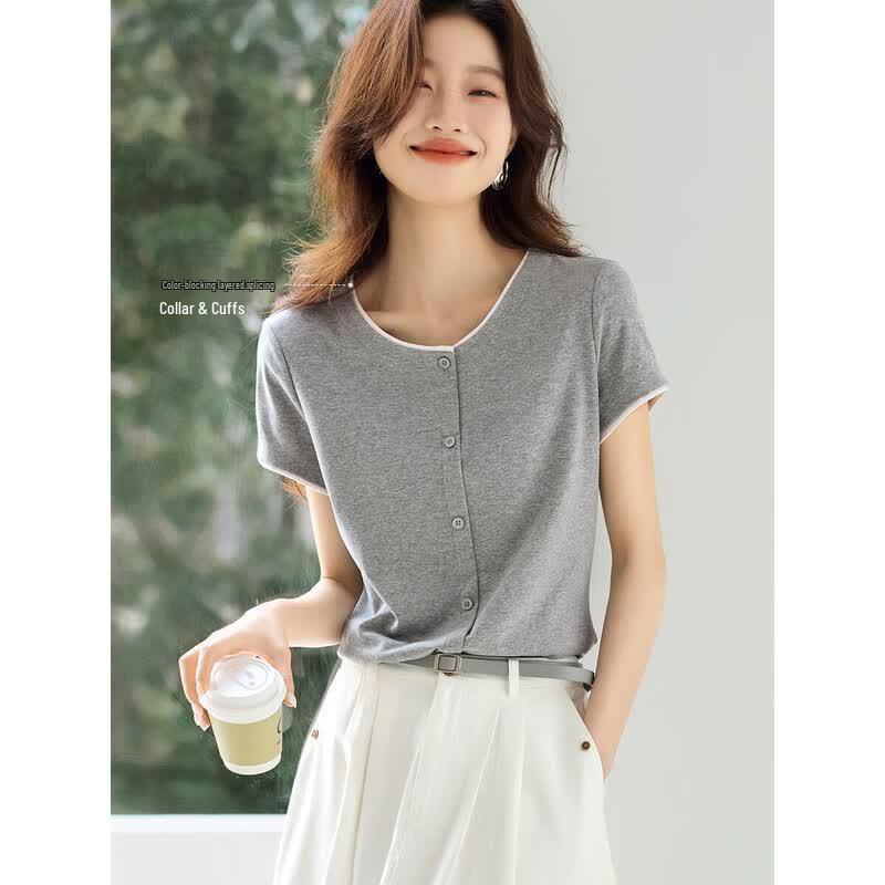 Women s Casual Color-Block Short Sleeve Knit Shirt M серый