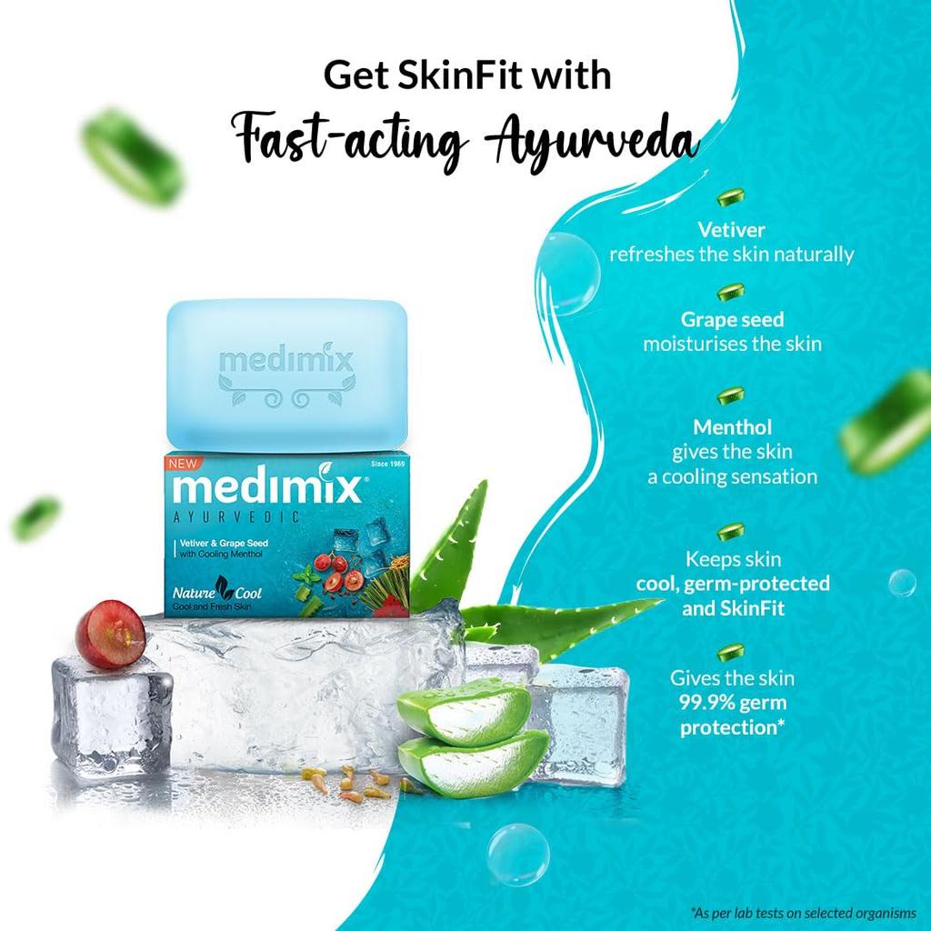 Medimix Ayurvedic Cool Bathing Soap 125Gx 5 Soap With Menthol Vetiver Grape Seed Natural Vegan Combo Pack