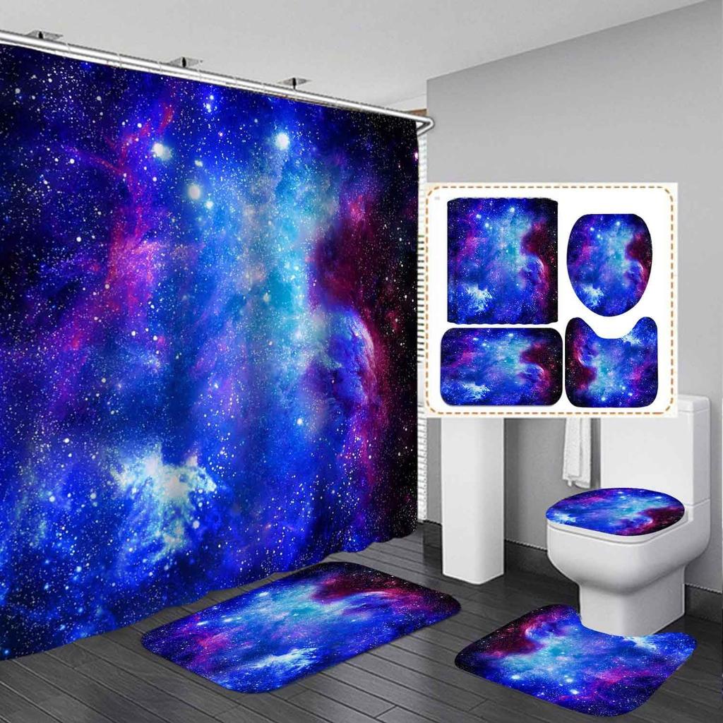 Tenda Doccia Galassia Viola Set Tappetino Antiscivolo Copri Sedile WC Tappetino Bagno Spazio Stellato Tenda Doccia Nebulosa Universo Set Bagno