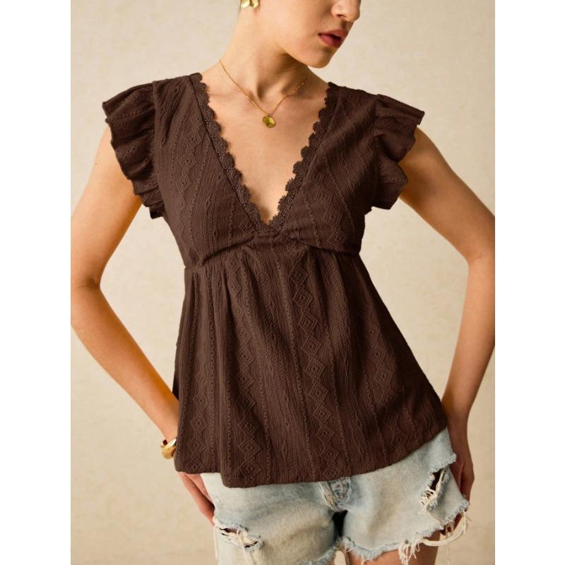 Camisa de Mujer Verano Calada Vacaciones Cuello en V Fruncida Manga Corta Encaje Blanca Blusa Moda Mujer Elegantes Tops Ajuste Ceñido Casual Suelta Camisas Femeninas
