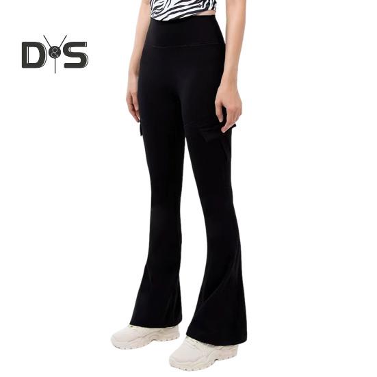 Women Flared Pants Elastic High Waist Wide Leg Casual Trousers with Flap Pockets Solid Color Cargo Pants Daily Wear