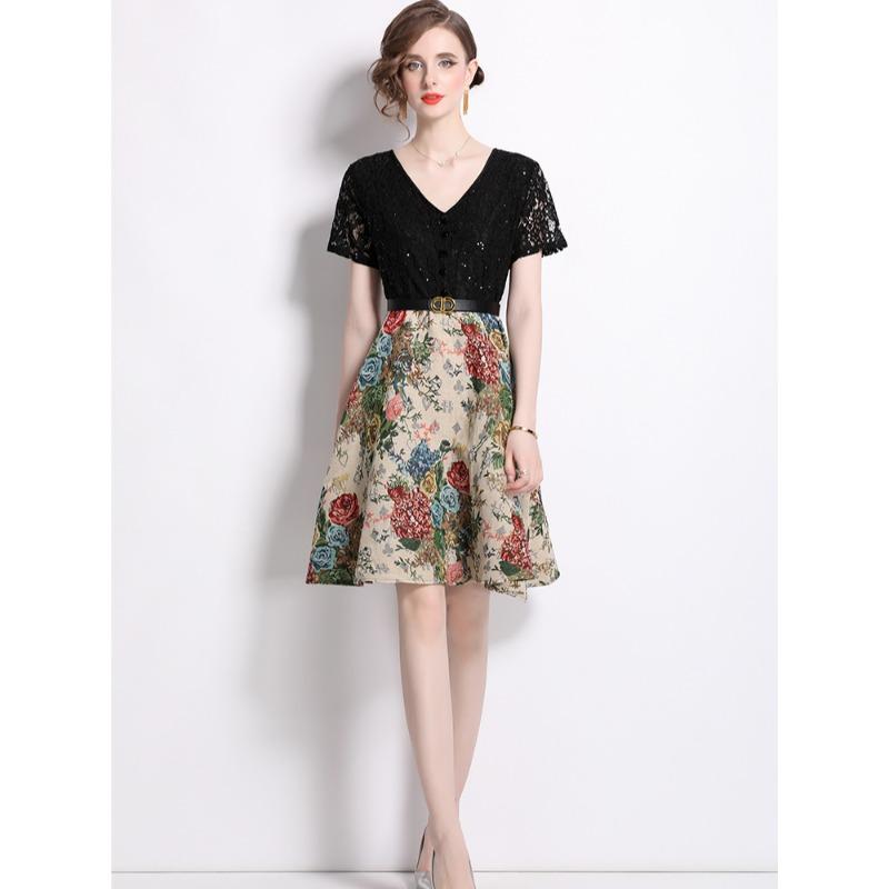 Summer Women V-neck Short Sleeve Vintage Jacquard Flower Lace Patchwork Party Dresses with Belt