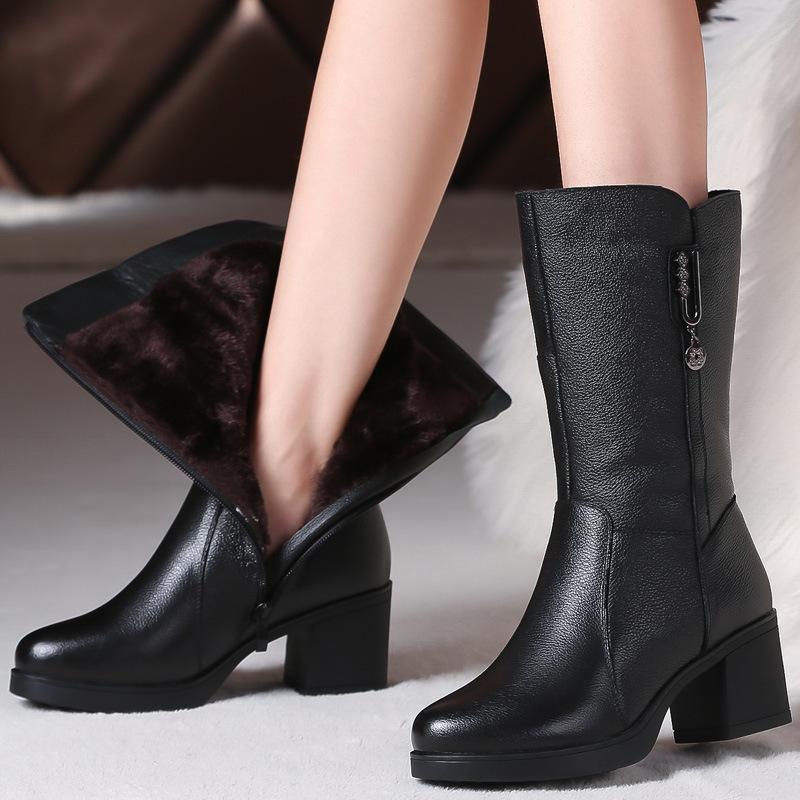 

women genuine leather mid calf boots female mather ladies winter fur plush warm 42