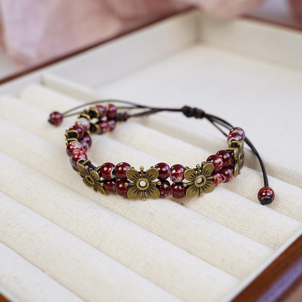 Cute Trendy Four-leaf Flower Double Layer Beaded Ceramic Bracelet for Women Charm  Adjustable Handmade Rope Weaving Jewelry Gift