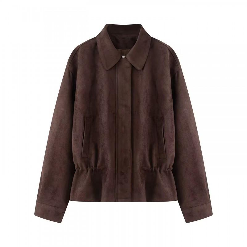 2026 Womens Vintage Suede Jacket Slim Fit Streetwear Zip Up Outerwear