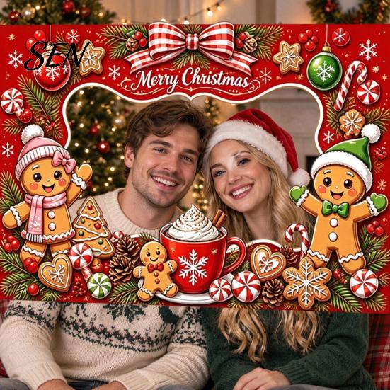 Festive Seasonal Event Banner Christmas Cartoon Photo Booth Frame Banner, Xmas Selfie with Elk Theme Props Penguin Bear, Holiday Party Handheld Prop,