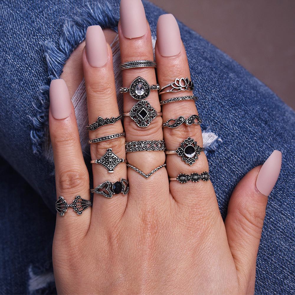 Vintage Cross-border Lotus Joint Crown & Teardrop Ring Set
