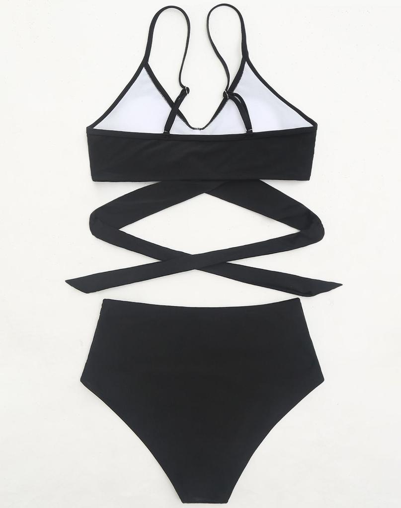Sexy Damen-Badeanzug, schwarz, hinten gebunden, hohe Taille, Bikini-Set, Strandmode, Badeanzüge