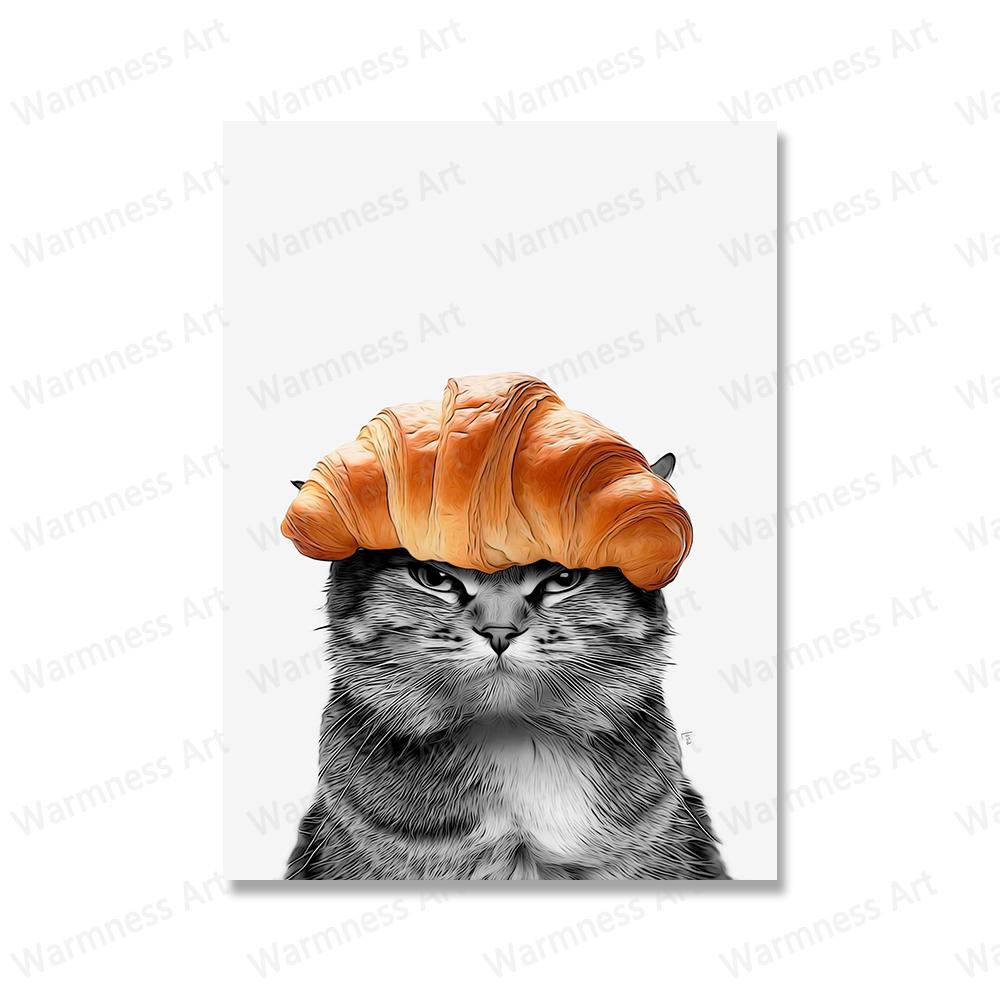 Cat Lover Funny Cats Cake Toast Croissant Poster Animal Hipster Painting Canvas Print Wall Art Home Decor For Coffee Bar Bedroom