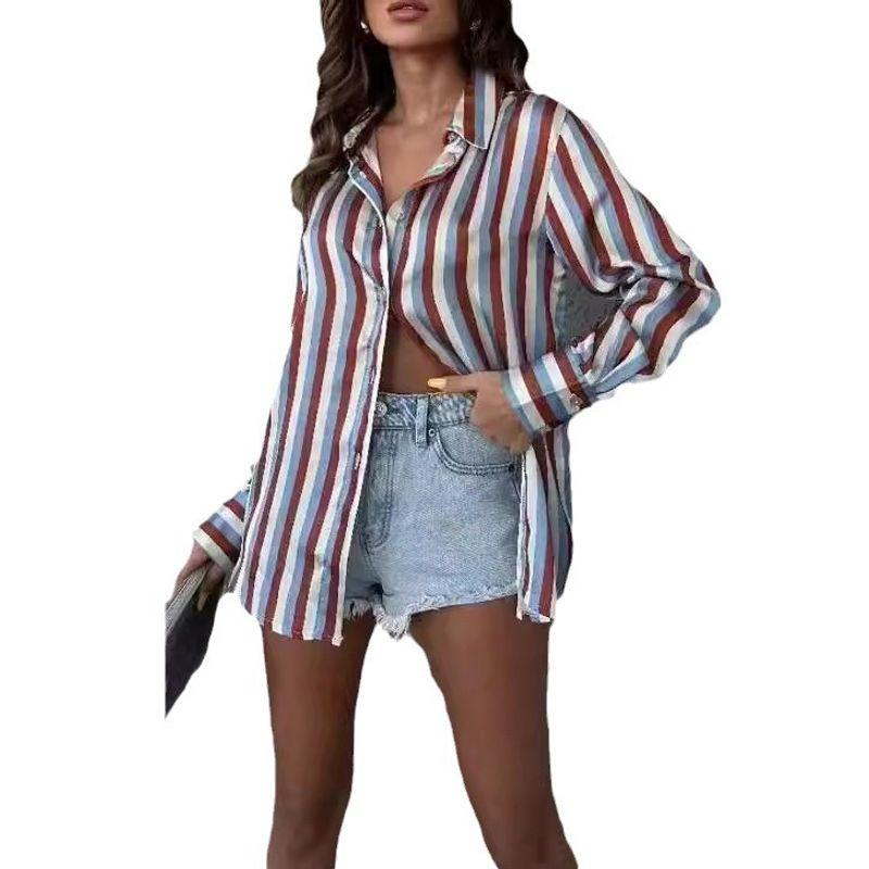 Stripe Shirt Western Style Versitile Fashion Shirt Satin Stripe Retro Temperament Long sleeve Women's Shirt