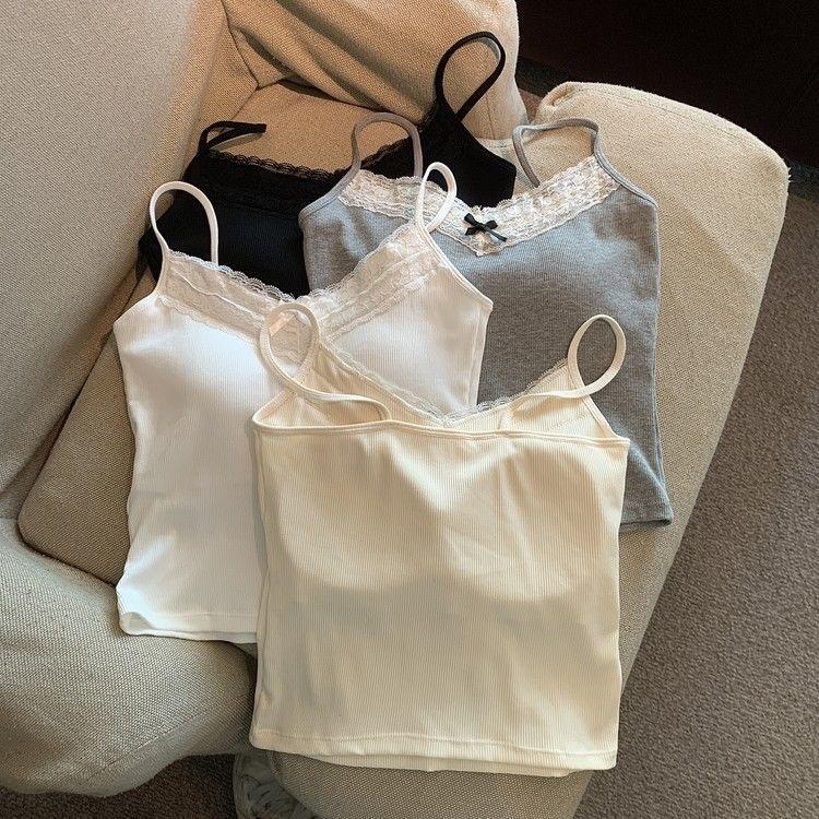 Bow Lace Spaghetti Strap Camisole Women Padded Backless Crop Tank Top