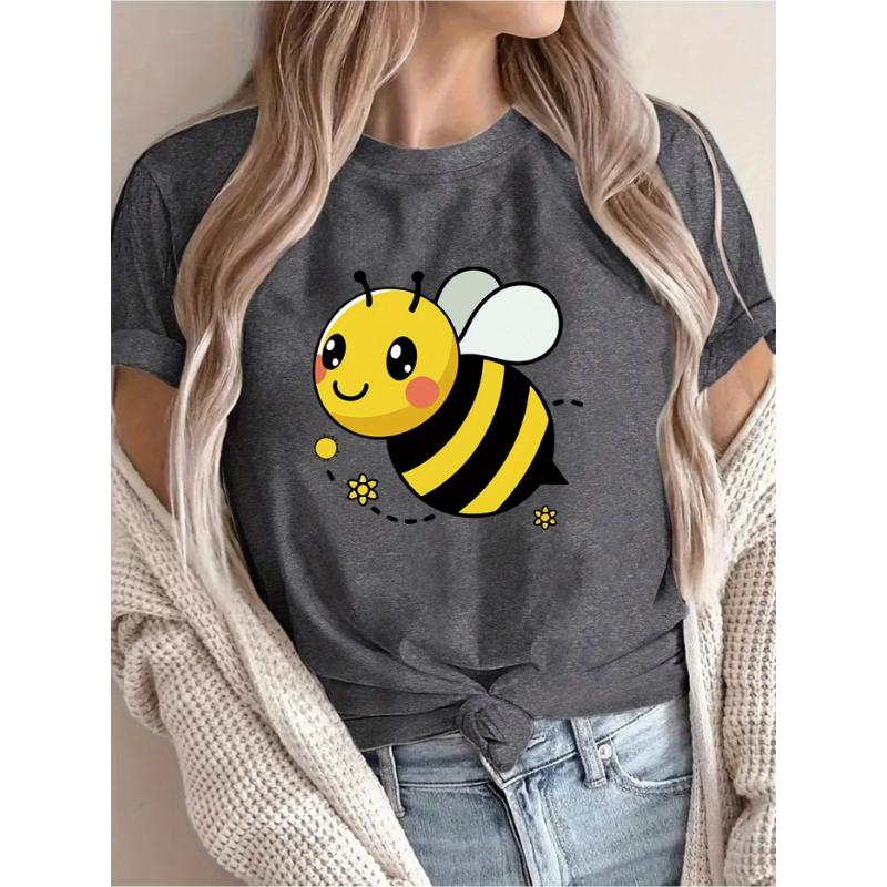 Cute Happy Letter Joyful Bee Pattern Printed Summer Casual Women's Short Sleeve Round Neck T-shirt Daily Top Women's Clothing