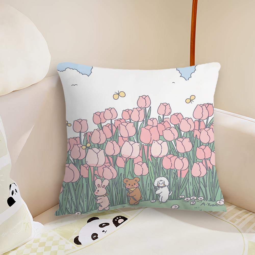Tulip Illustration Rabbit Cushion Cover Pillow Case Plush Fabric Soft Double Sided Print Sofa Cushion Cover Throw Pillow Covers
