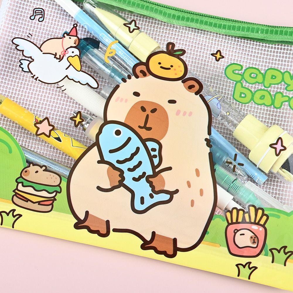 3PCS Cartoon PVC Mesh File Bag Capybara Large Capacity Zipper Pen Bag Waterproof Transparent Grid Storage Bag
