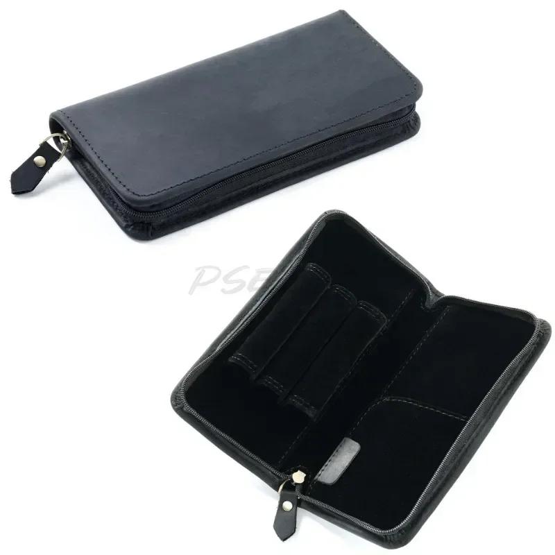 Office Student Cowhide Retro Crazy Horse Leather Square Zipper Pencil Case Creative Large Capacity Ticket Storage Box