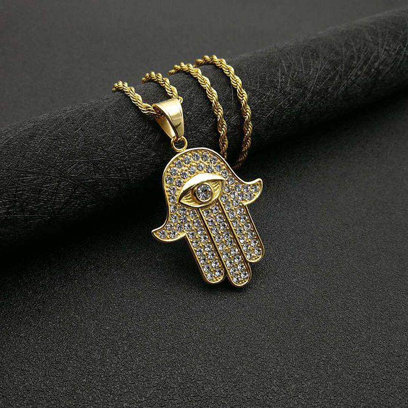 Gold-Plated Titanium Steel Hand of Fatima Hip Hop Pendant Necklace with Diamond Inlay