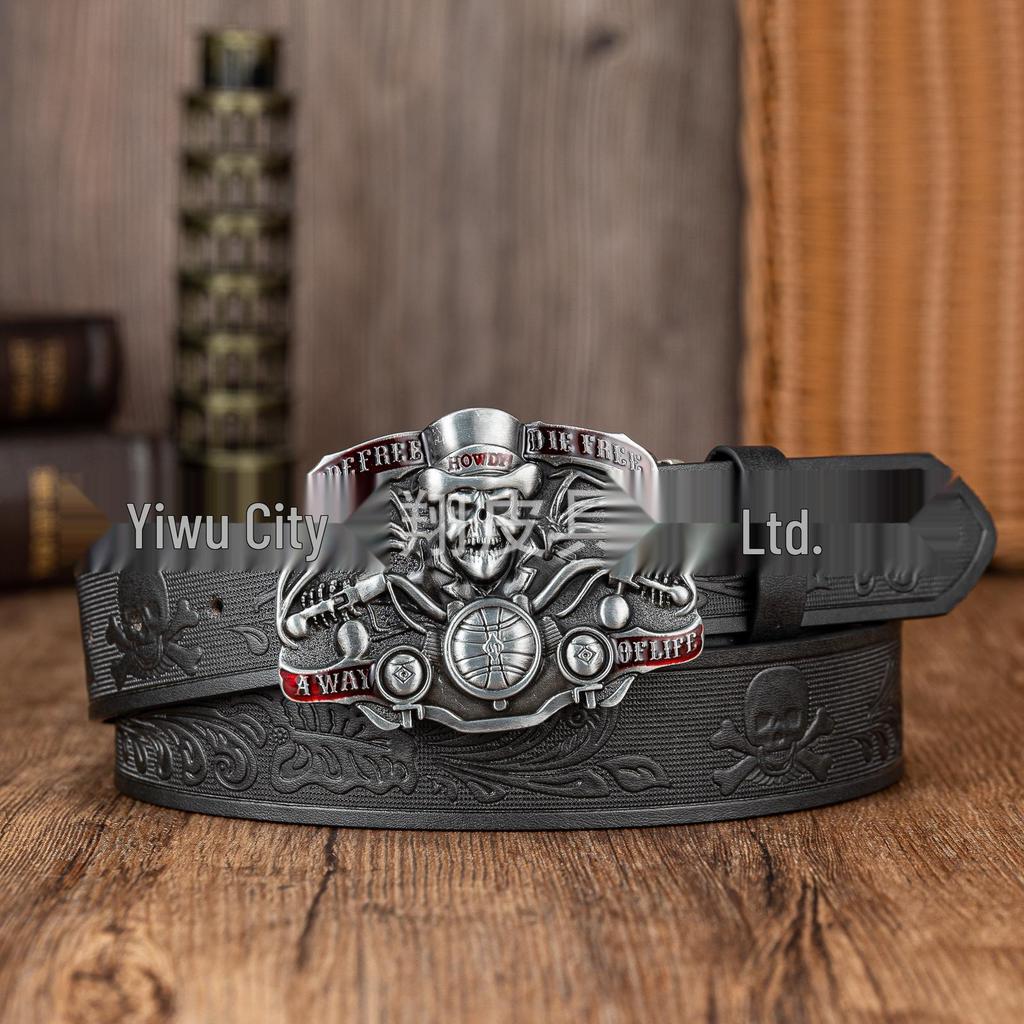 Men's Skull Embossed Leather Belt with Large Buckle - Trendy PU Design