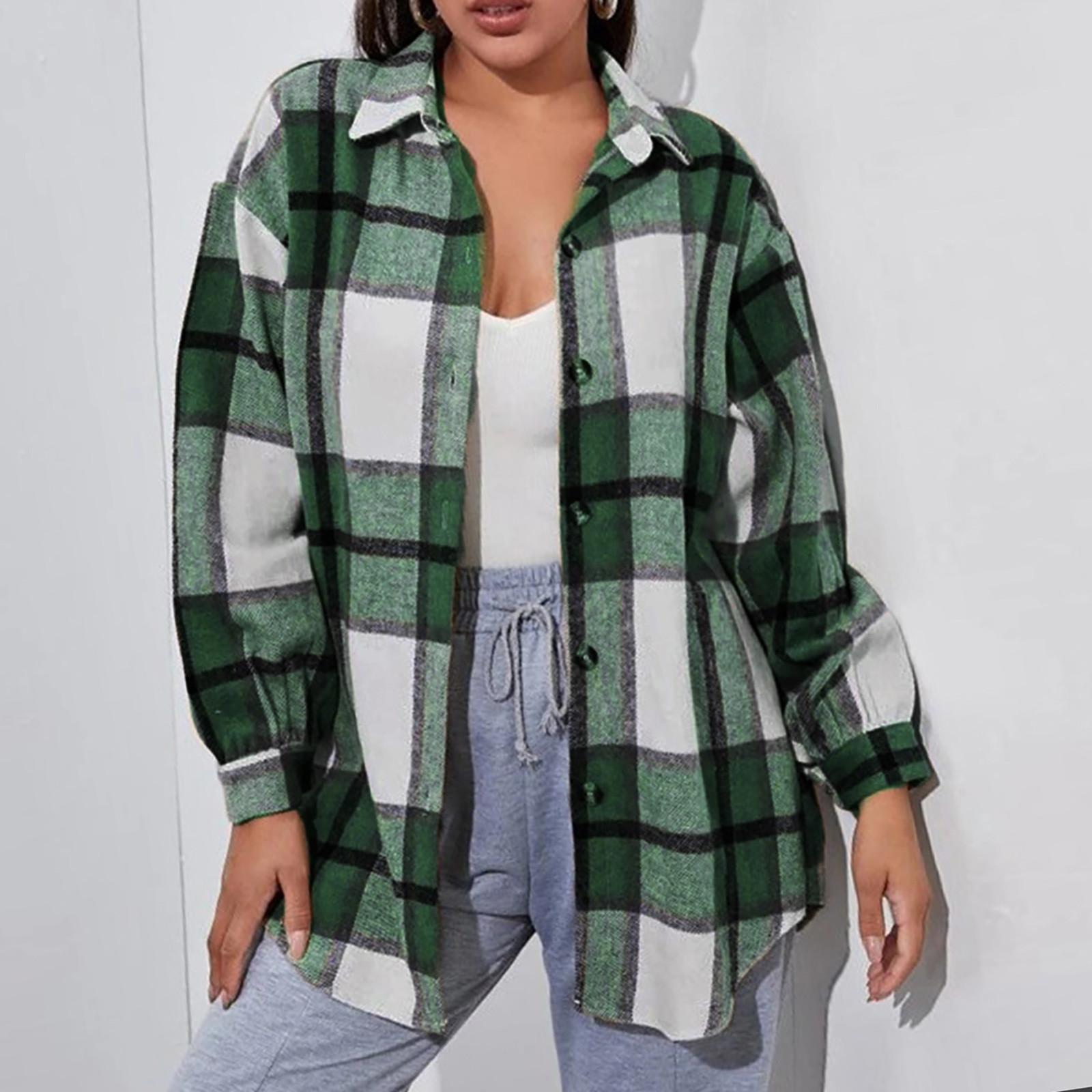 

Женская мода и зимняя куртка Утолщенная Повседневная Свободная Клетчатая Рубашка L зелёный