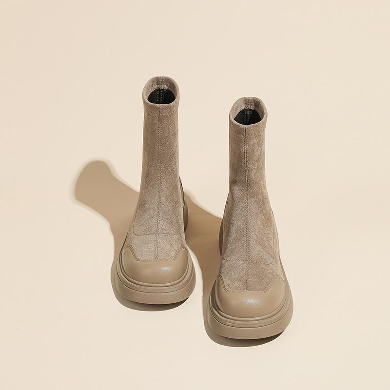 Slim Textured Suede Boots for Women New Retro British Style Round Toe Elastic Short Boots for Women Thin Boots