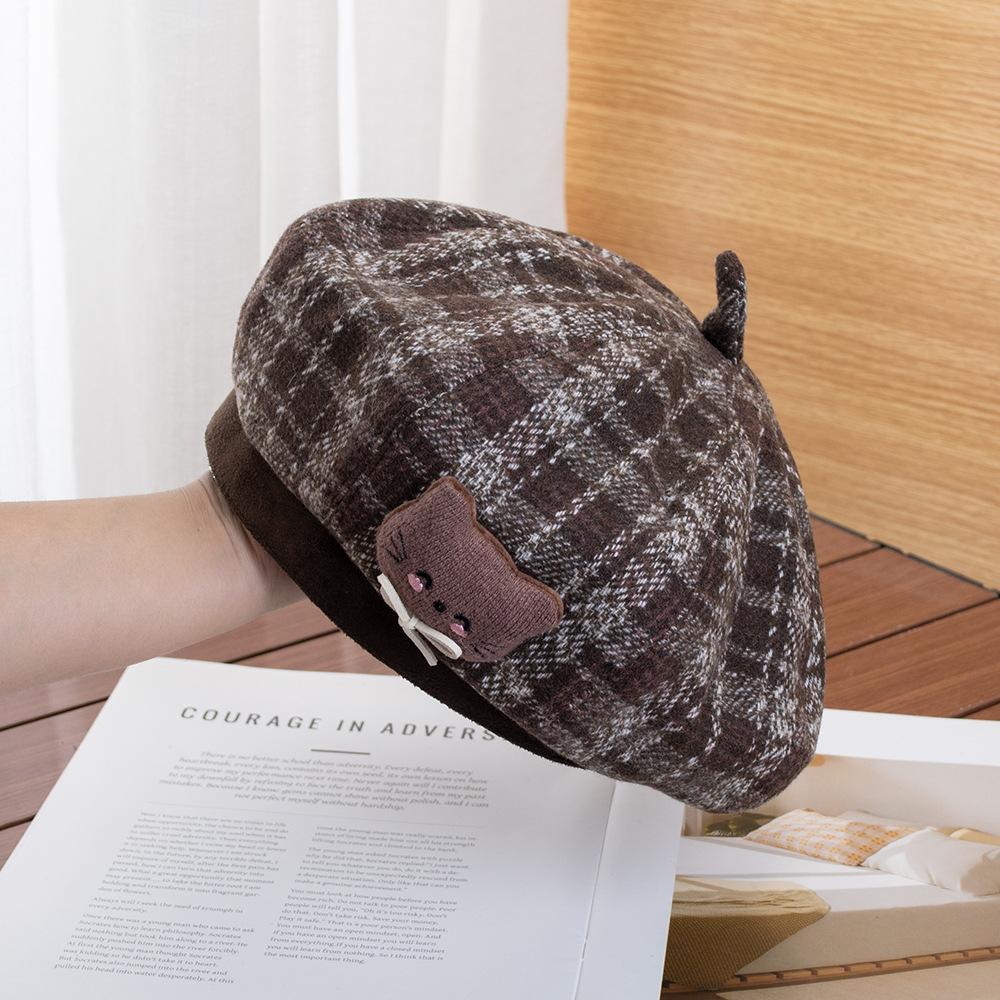Cartoon plaid woolen octagonal hat female retro fashion versatile atmosphere show face small newsboy beret forward hat