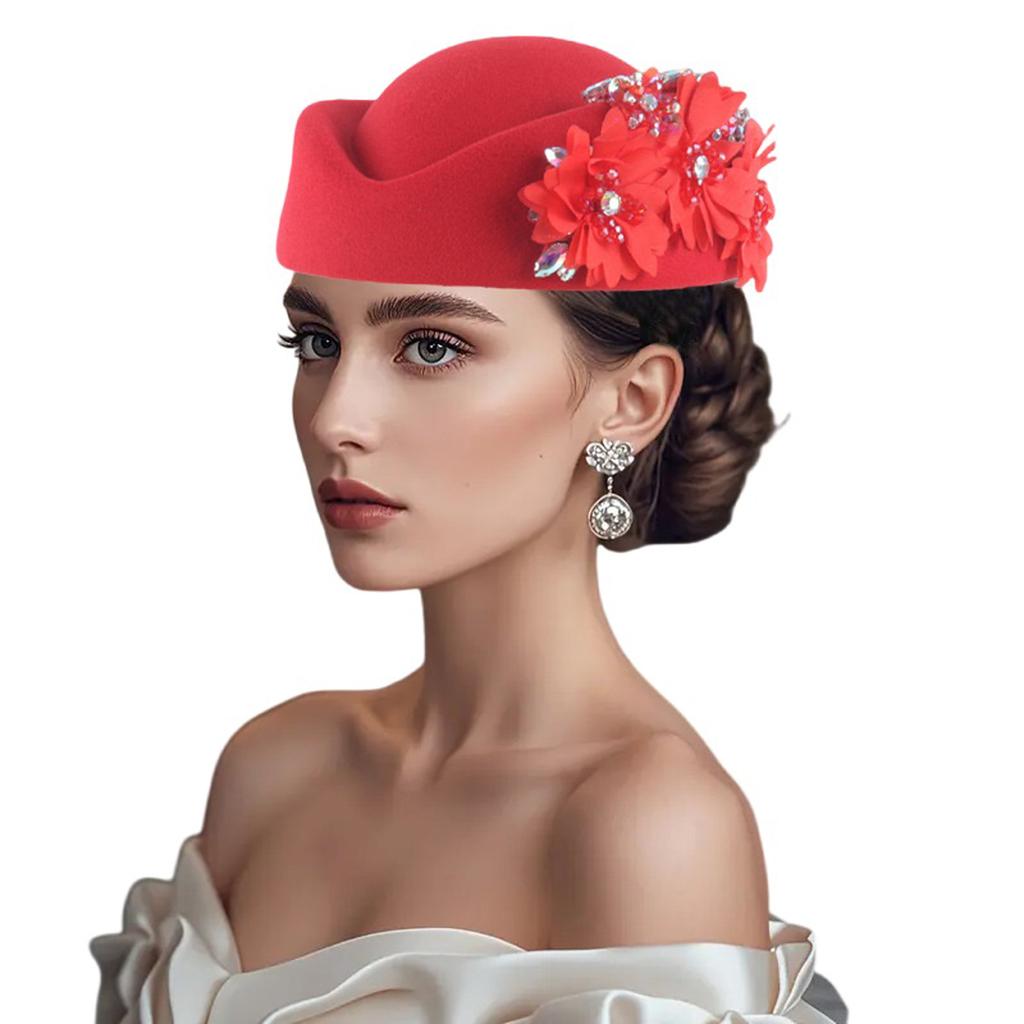 Cappello Pillbox da Donna Fiori Berretti Vintage Britannici in Feltro Cappellino per Chiesa Festa del Tè Accessorio
