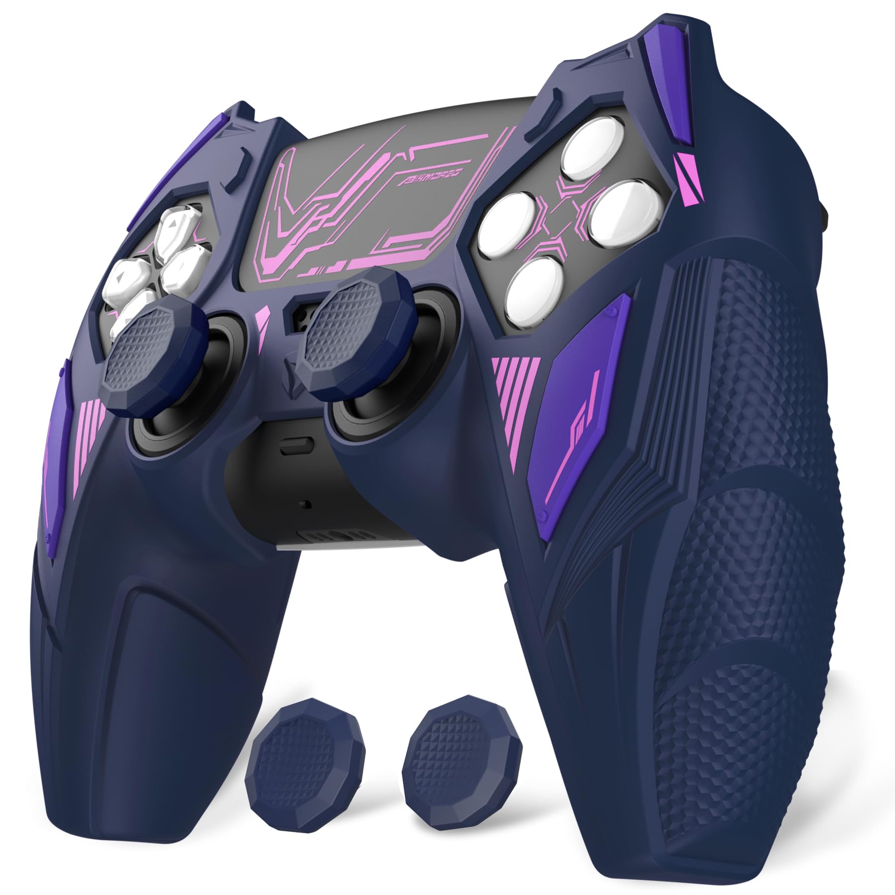 

PlayVital PS5 Controller Silicone Mecha Rhino Shockproof Protective Easy Includes Thumb Grips and Compatible with Charging Midnight Blue and Purple