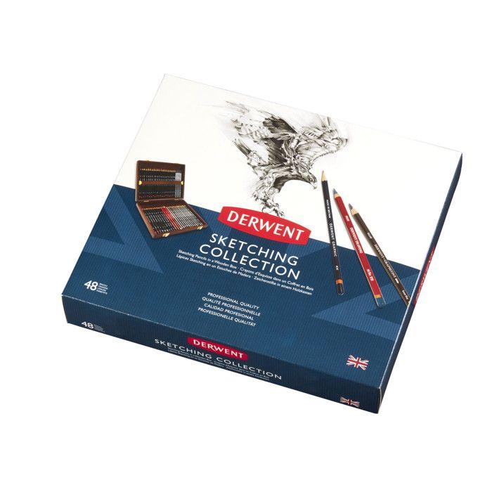 Coffret de crayons - Derwent - 48 crayons sketching - Bois - 2 tiroirs - Graphite