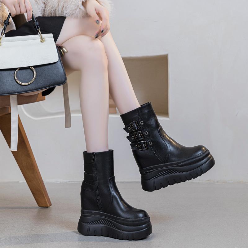 Super high heel thick-soled medium tube women's leather boots, new solid color belt buckle in autumn and winter 2025, heightening short boots tide