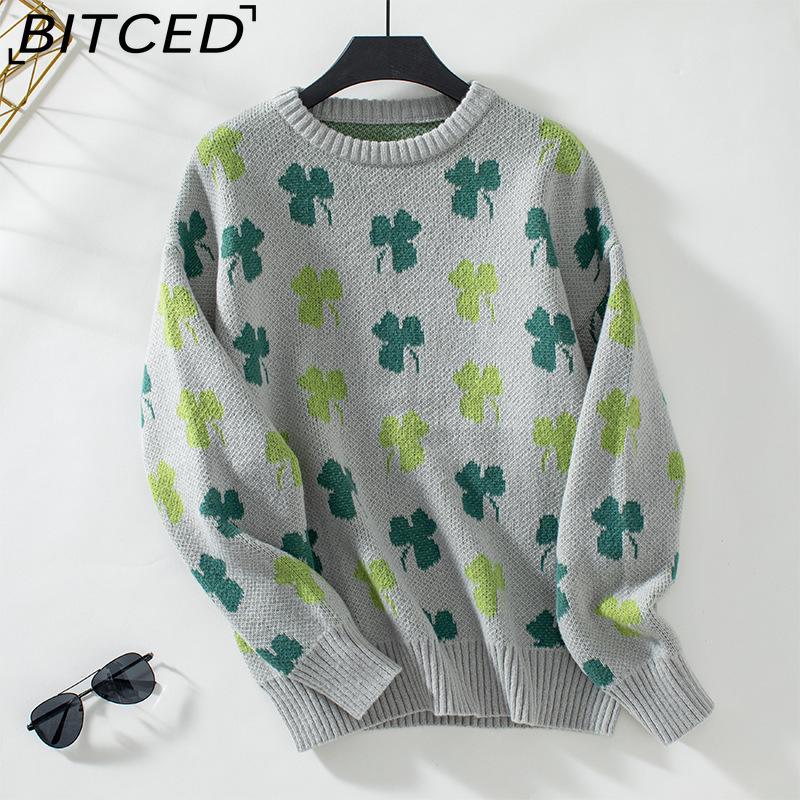

BITCED Four-Leaf Clover Jacquard Pullover Women s Sweater Autumn/Winter Oversized Long-Sleeve Knit Top XL серый