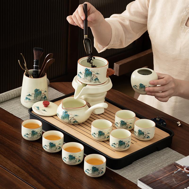 Light Luxury Splendid Ru Kiln Automatic Tea Set Household High-end Lazy Tea Making Ceramic Kung Fu Teapot Tea Tray