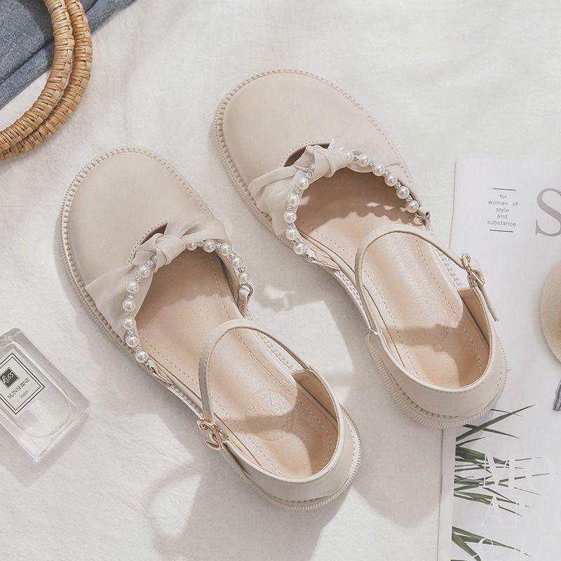 Super fairy pearl French soft sole with skirt small leather shoes schoolgirl sandals 2025 summer new Mary Jane sandals
