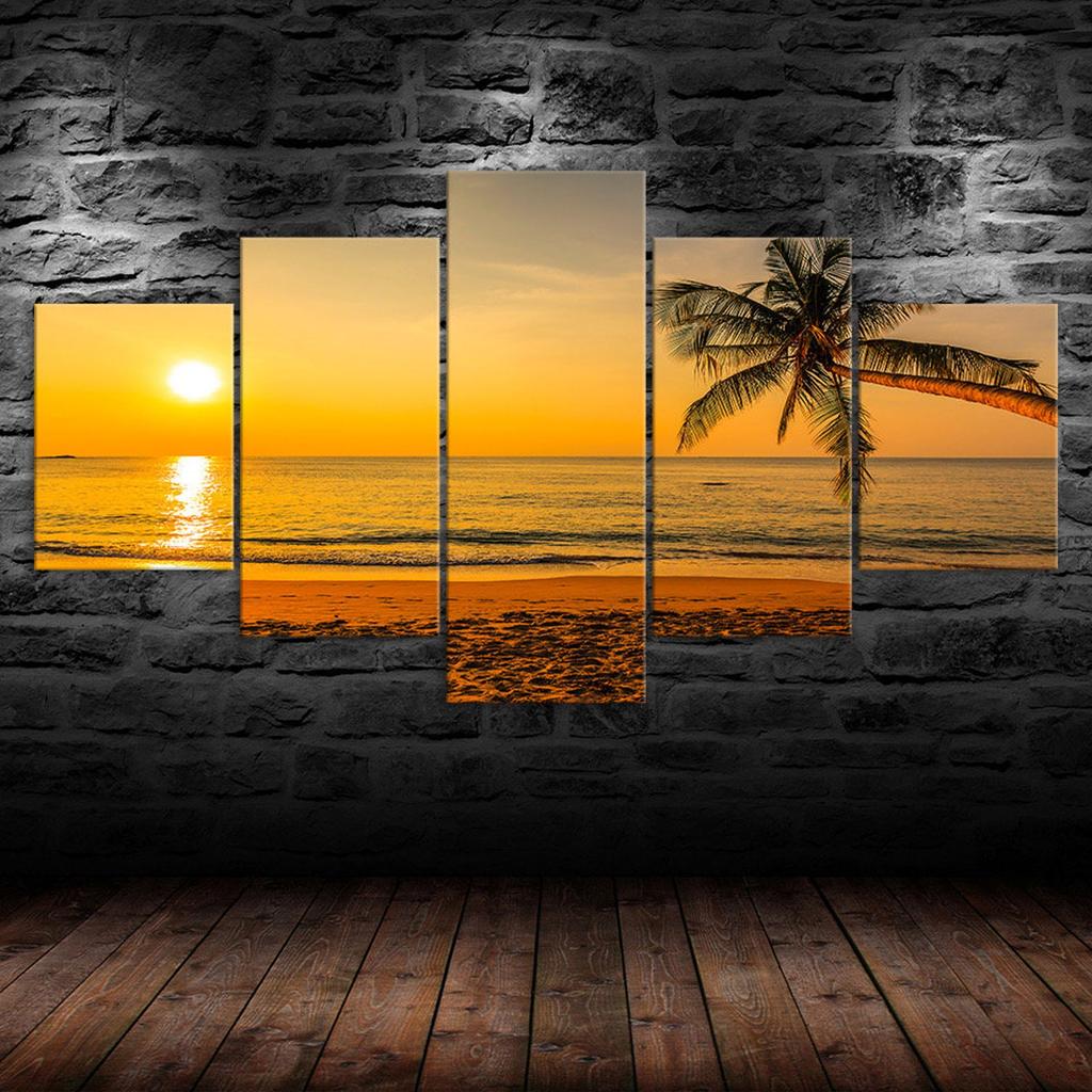 Palm Tree Beach Sunset 5 Piece Canvas Wall Art Multi Panel Print Modern Poster Home Decor Picture Gift For Him For Her