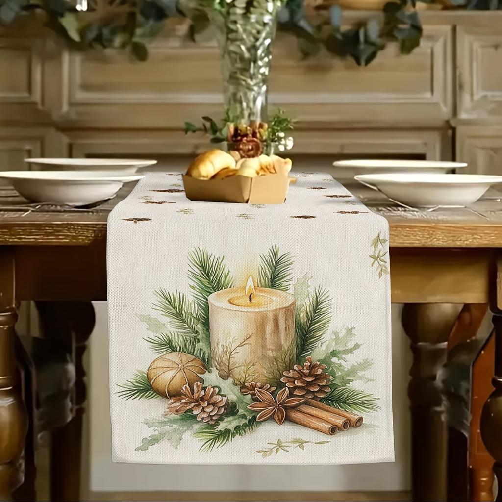 1 Piece Of Christmas Warm Candlestick Table Runner, Light Base Painted With Candles, Pine Branches, Pine Cones, Spice Patterns, Suitable For Christmas