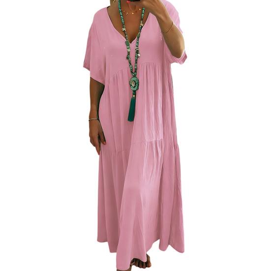 Summer Cotton Linen Dress for Women Oversized Loose Beach Sundress Short Sleeve V Neck Casual Flowy Long Dress