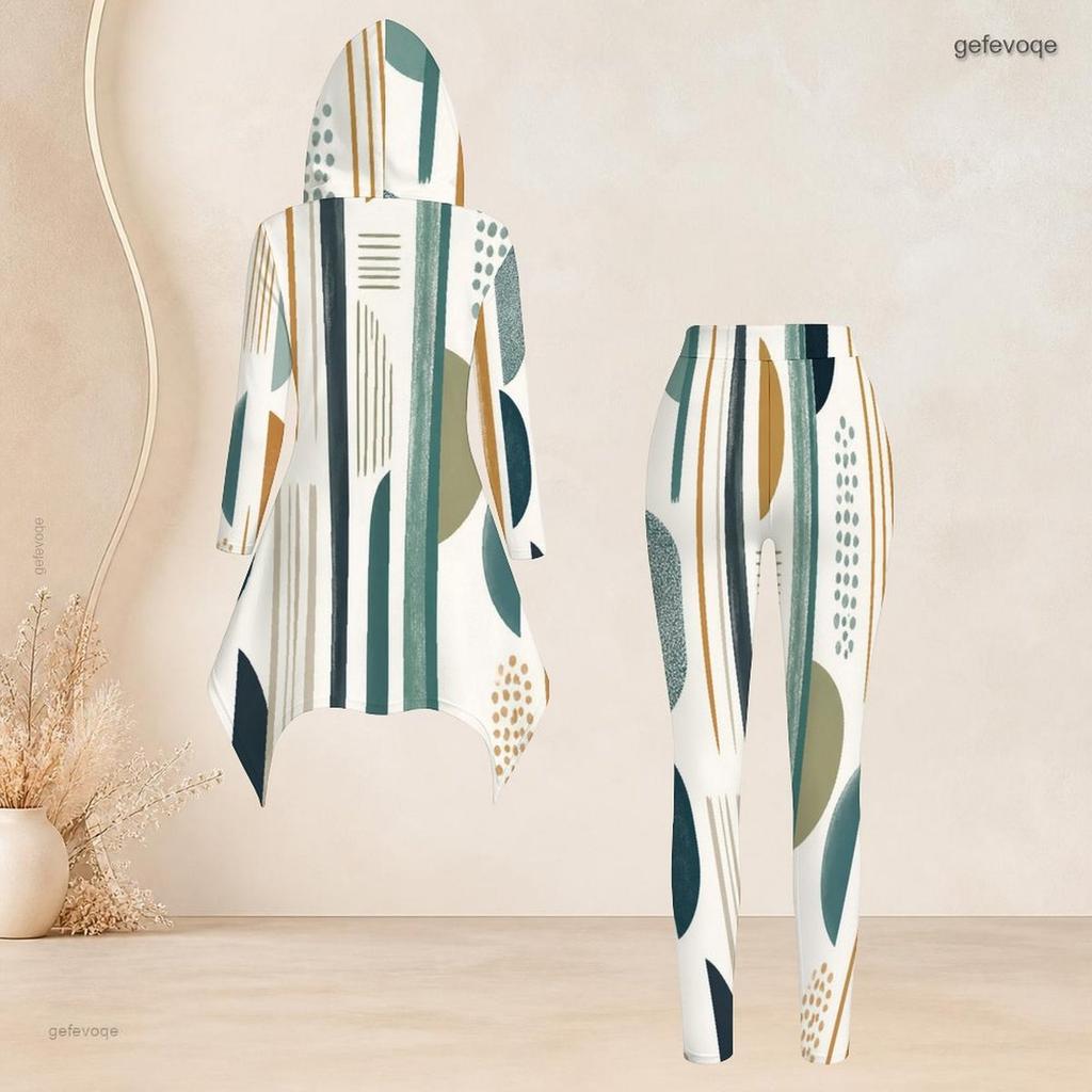 Women Plus Size Hooded Long Sleeve Printed High Low Top And Fitted Pants Two Piece Set