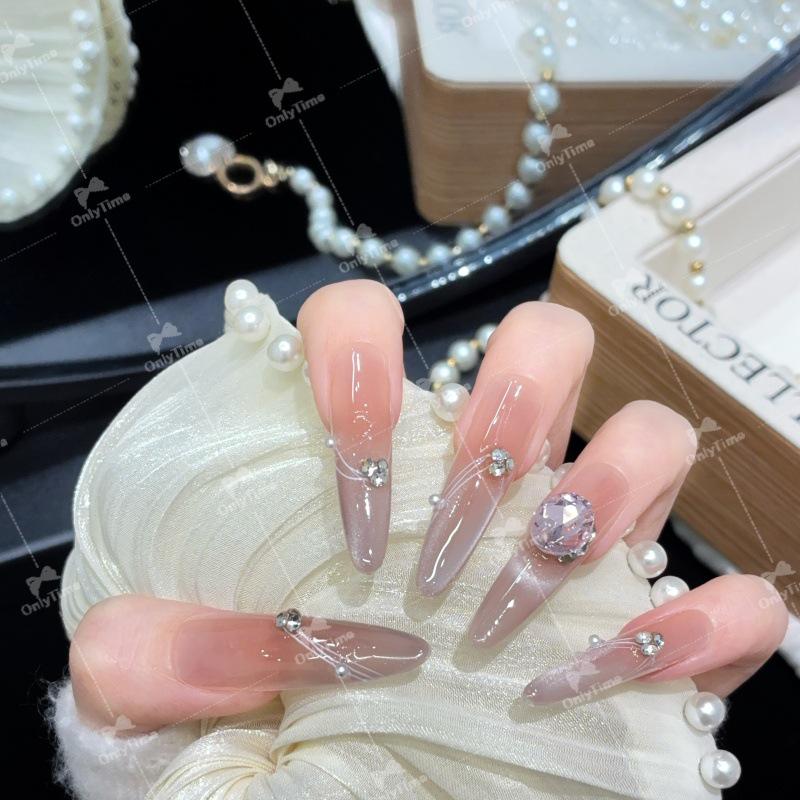 K2002 Long Luxury Rhinestone-Inlaid Handmade Wearable Nails XS