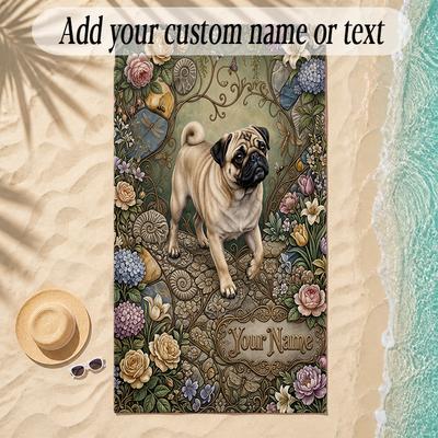 Pug Theme Soft Beach Towel Personalized Custom Name Text Towel Portable for Beach Pool Travel
