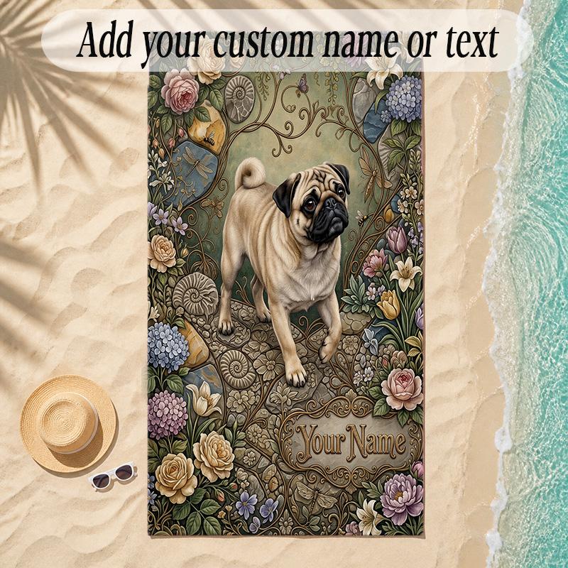 Pug Theme Soft Beach Towel Personalized Custom Name Text Towel Portable for Beach Pool Travel