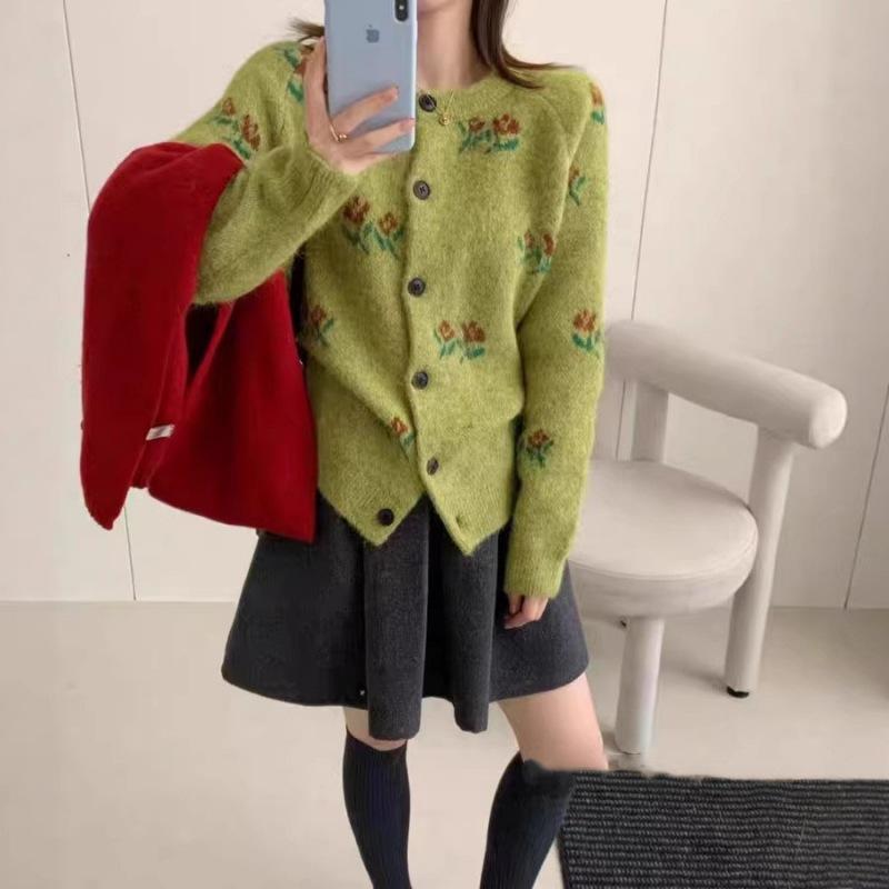 Korean Retro Floral Crochet Loose Fit Cardigan Sweater