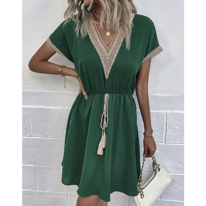 Women's Fashion Summer Spring Solid Color Print Short Sleeve V-Neck High Waist Casual Dresses