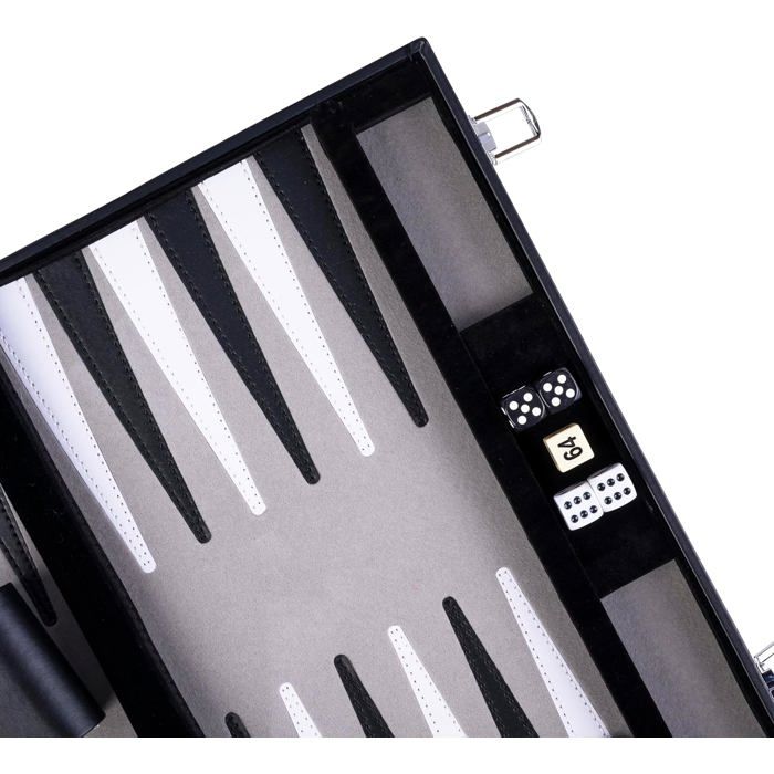 Backgammon 15"; 38 cm, dans Une Valise, Feutre et Simili Cuir surpiqués (Noir/Blanc/Gris)