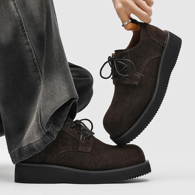 Men's platform heightening derby shoes, autumn casual microfiber upper shoes, brown H
