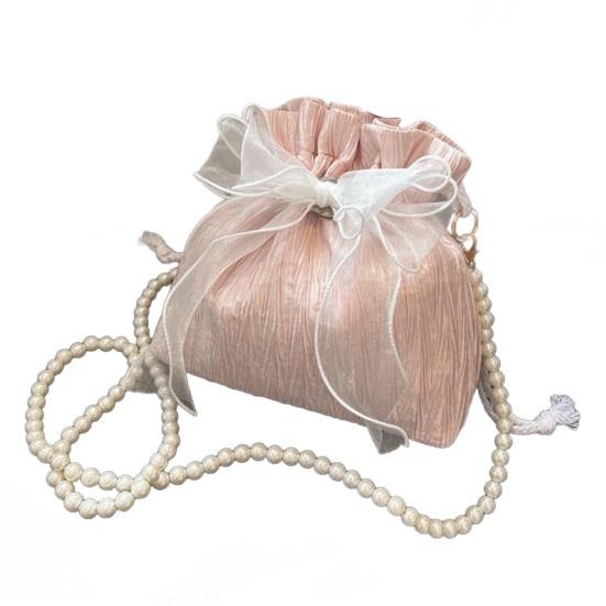 Women Single Shoulder Bag with Detachable Faux Pearl Chain Large Capacity Drawstring Handbag Purse Tulle Bowknot Crossbody Pouch