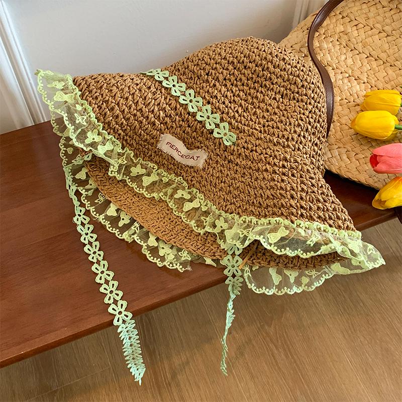 

Отпуск для родителей и детей, ветряная шляпа из соломы с цветочным кружевом, женская весенне-летняя пляжная шляпа от солнца с большими полями Children (52-54cm) хаки