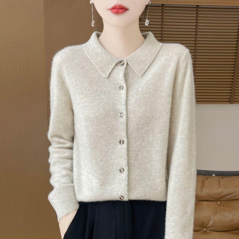 Spring Autumn Women's Wool Cardigan Solid Color Polo Collar Knitted Cardigan Long Sleeve Slim Fit Stretch Wool Cardigan