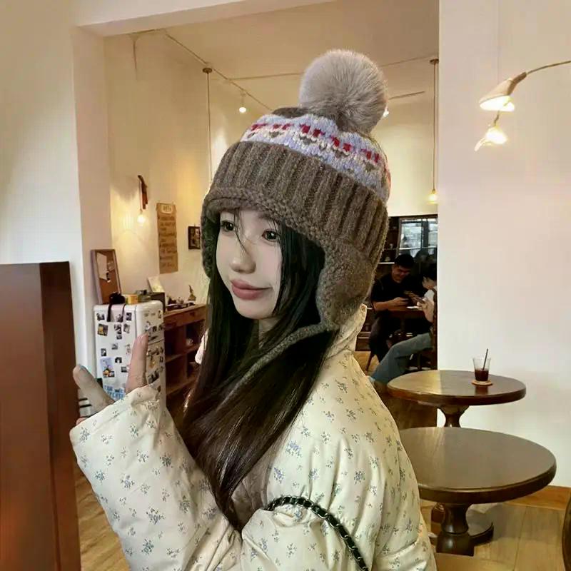 Fair Island Style Retro Jacquard Knitted Beanies Cap For Women Autumn Winter Warm Versatile Cute Pom-pom Ear Protection Hat
