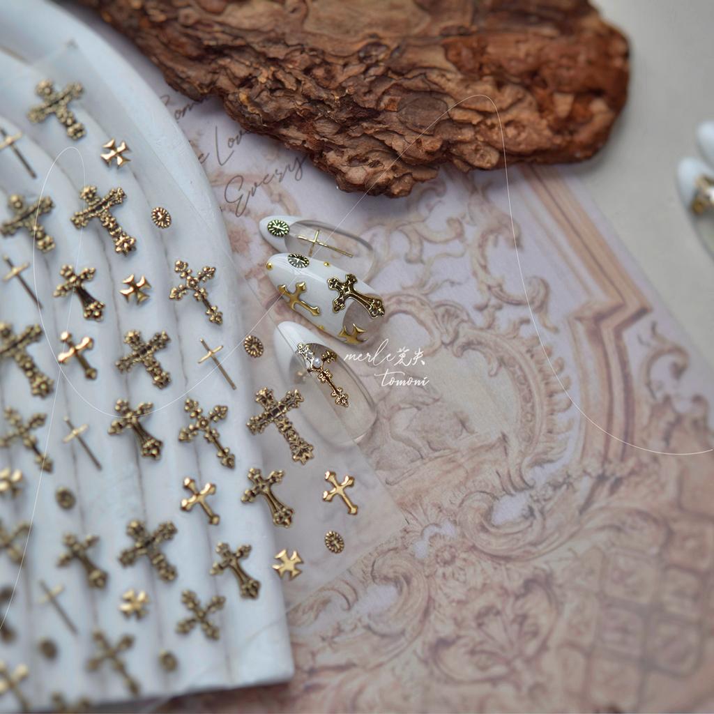 Retro Cross Nail Art Accessories Stickers Gold Silver Bronzing Multi Stely Cross Nail Stickers DIY Back Adhesive Manicure Decals