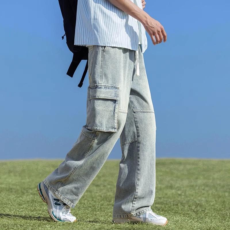 Vintage Washed Wide-leg Pants Men's Spring Teen American High Street Oversize Big Pocket Tooling Jeans