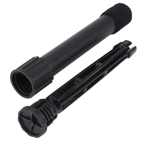 Foldable, portable, lightweight, metal and plastic stand for piccolo, flute, clarinet, and oboe instruments. Features four legs, holder, and storage.