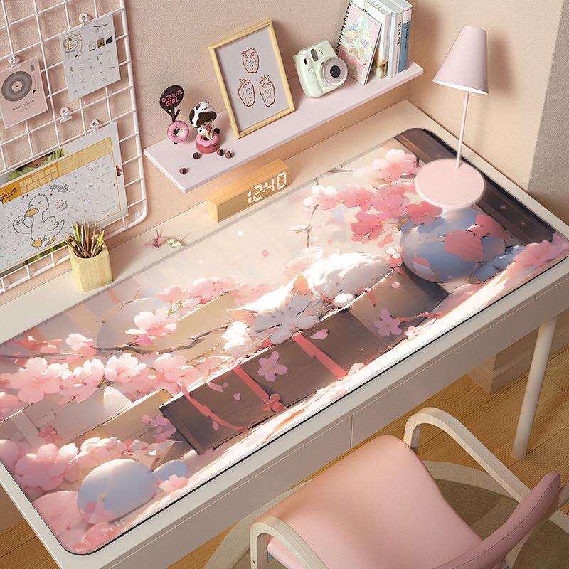 Extra Large Cute Cat Cartoon Mouse Pad with Stitched Edges - Aesthetic Desk Mat for Girls